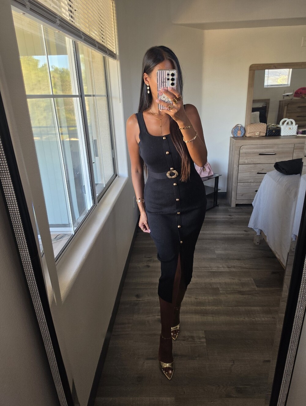 Elegant Black Button-Front Midi Dress with Belt Detail Stretchy - Picture 12 of 17